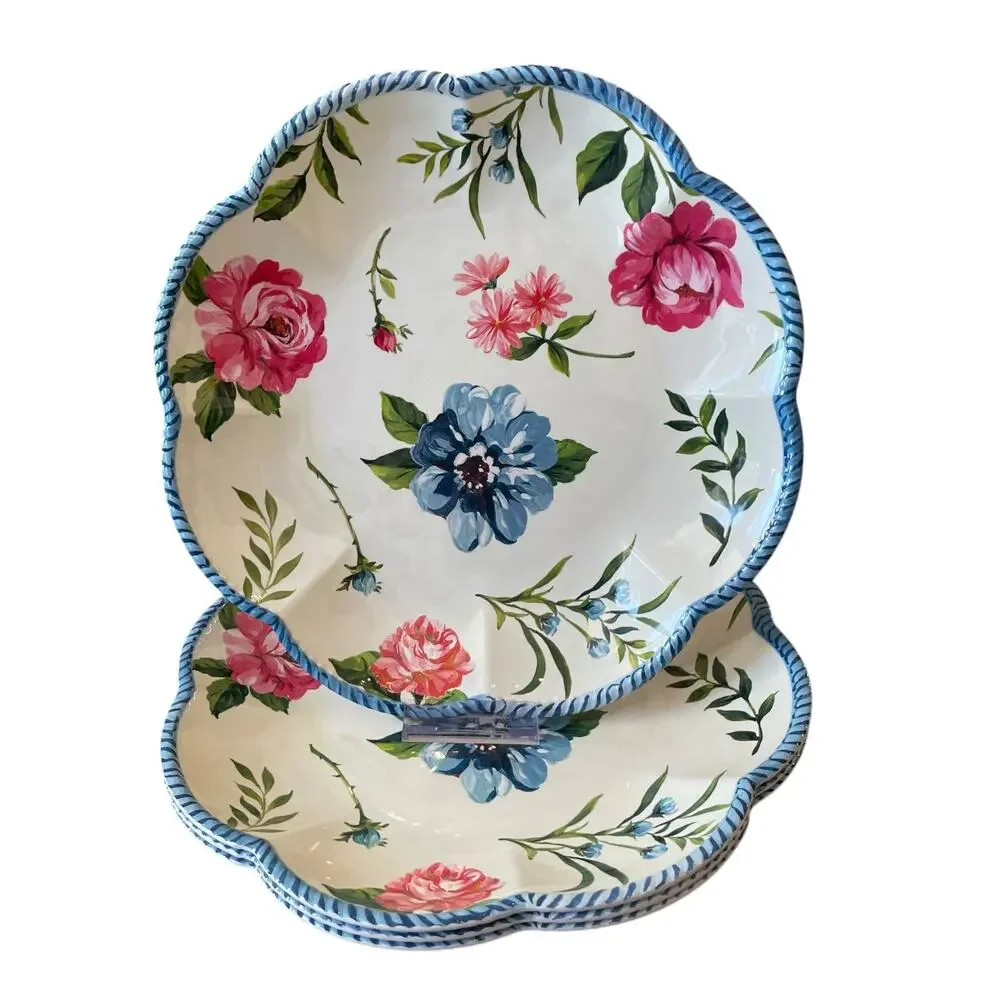 NEW Shabby Chic Floral Melamine Dinner Plates 11in Set of 4 Spring Blue Border
